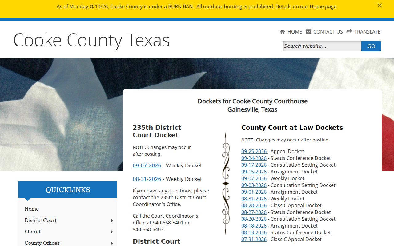 Cooke County court docket hub with district and county court lists